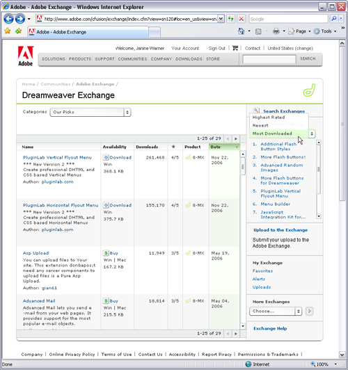 Adobe Dreamweaver Exchange Site