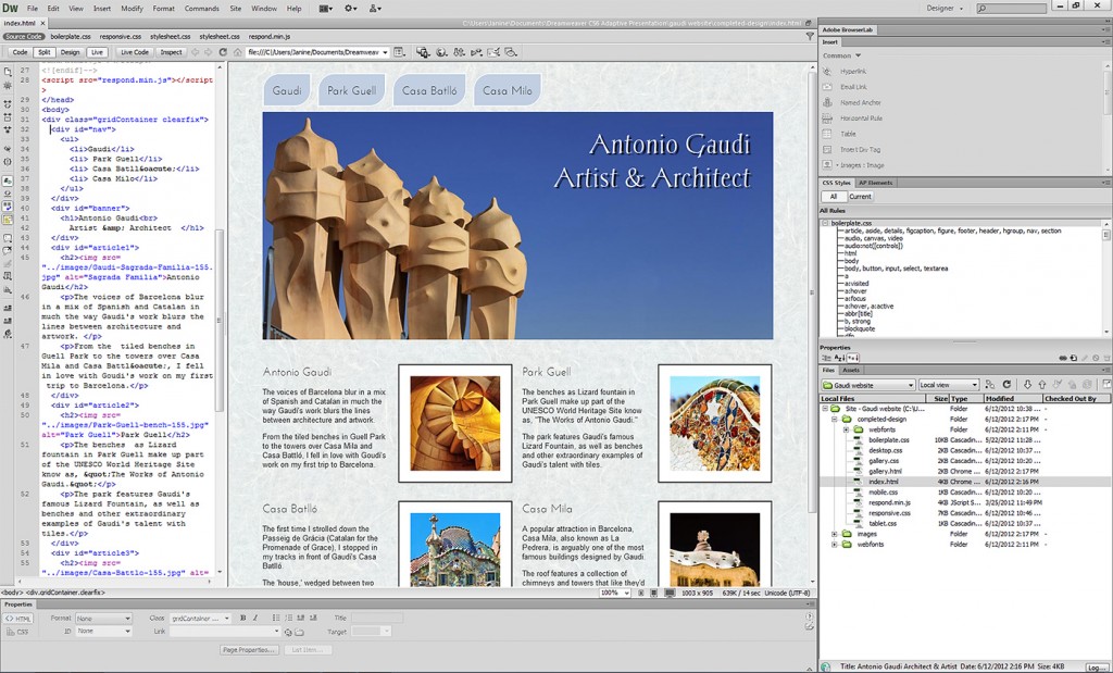Antonio Gaudi Website Created in Dreamweaver CS6