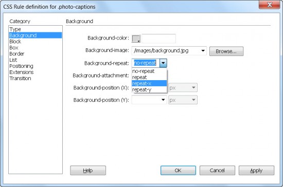 The Background category in the CSS Rule Definition dialog box
