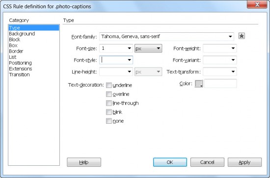 Dreamweaver CS6 Style Dialog Type Category