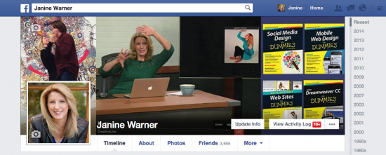 Janine Warner's Facebook profile displayed on a 24 inch desktop monitor in Google Chrome on a Mac.