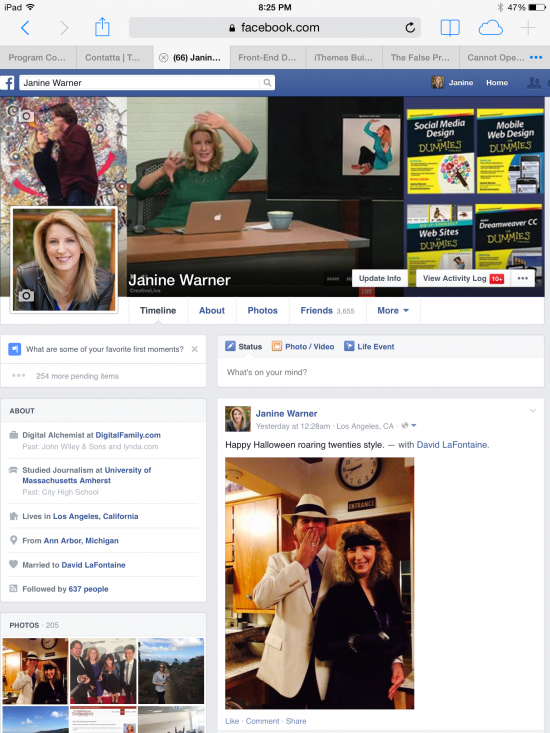 Janine Warner's Facebook profile on an iPad in landscape view.